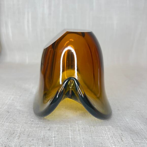 Mid Century Murano Style Yellow Ochre Art Glass Clam Shell Bowl Tilted Vase - Picture 10 of 12